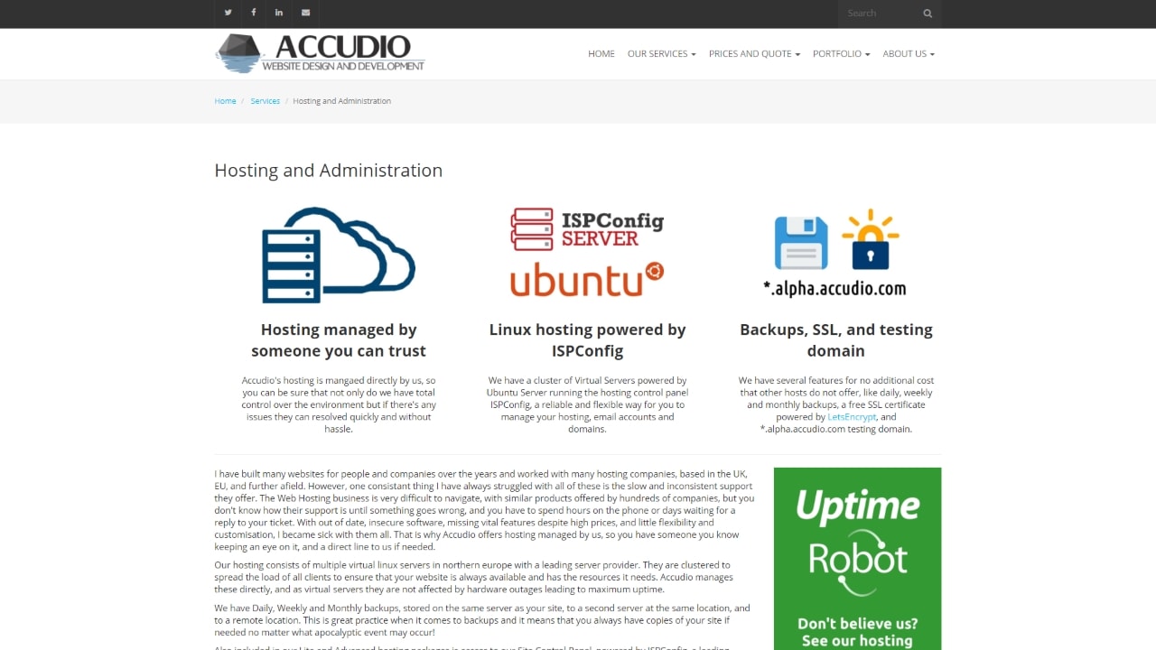accudio.com hosting services page desktop