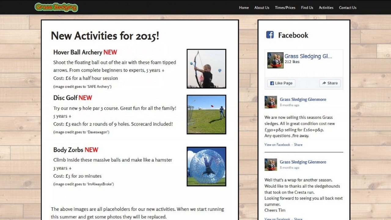 grasssleding.co.uk activity page desktop