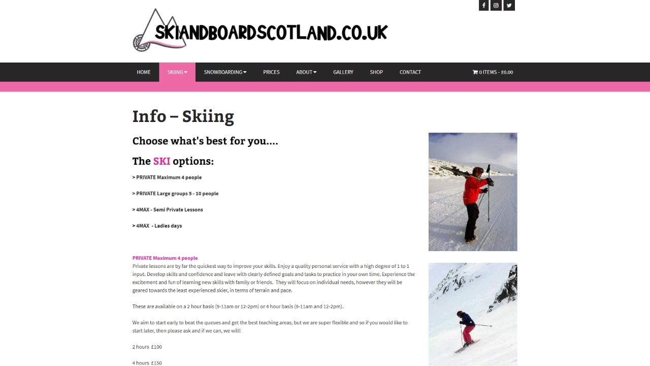 skiandboardscotland.co.uk ski page desktop